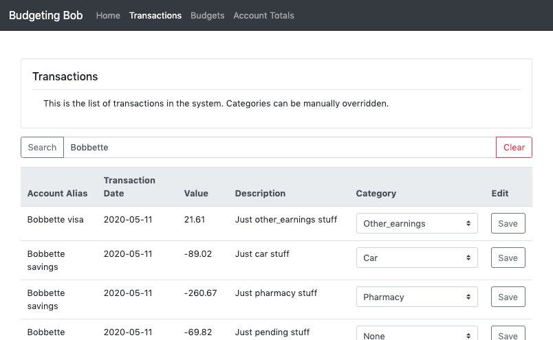 Transaction pages from demo app